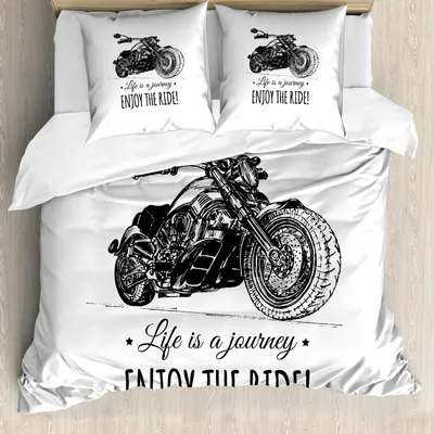 Obrázek produktu pro ABAKUHAUS Užijte si jízdu Sada povlečení, detailní ručně kreslený motocykl a inspirativní citát Umělecký tisk, 155 x 220 cm + 80 x 80 cm, černá a bílá