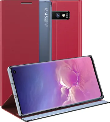 A red flip case for a Samsung Galaxy S10 phone, shown open with the phone screen visible.