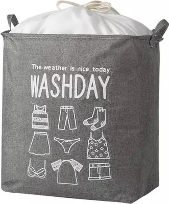 A gray laundry basket with a white drawstring closure and various clothing illustrations printed on it.
