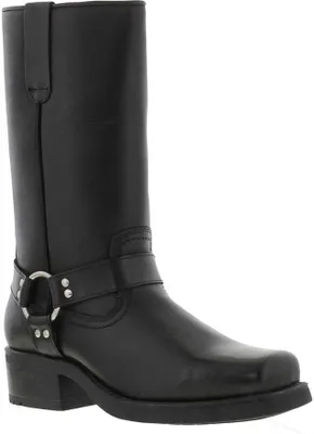A black leather boot with a harness strap and a silver ring.