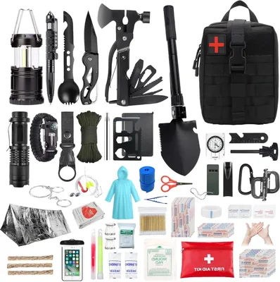 Produktbild von Komplettes Überlebensset – Outdoor-Ausrüstung – Camping, Wandern – 206-teiliges Set – Kompaktes Design – Grün