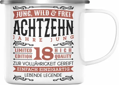 Produktbild von Trendation - 18. Geburtstag Emaille Tasse Geschenk 18er Geschenkidee Mädchen Jungen Lustiger Spruch Legende (Silber)