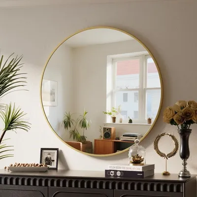Image de Miroir rond mural salle de bain - Ø 46 cm - Cadre en aluminium - Doré - Verre trempé
