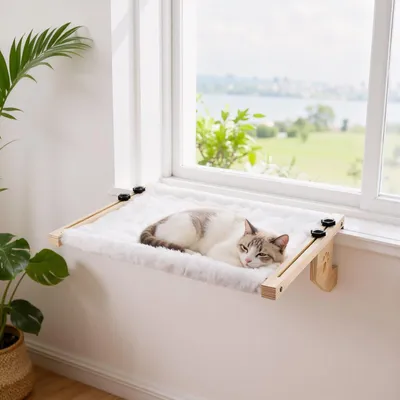 Produktbild von Katzenhängematte zur Heizung - Holzfensterbett für Wohnungskatzen - Bequeme Liegefläche
