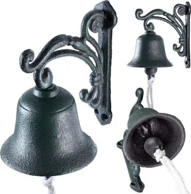 Three cast iron bells with a dark green finish are displayed against a white background. The bells are decorative and have a retro style.