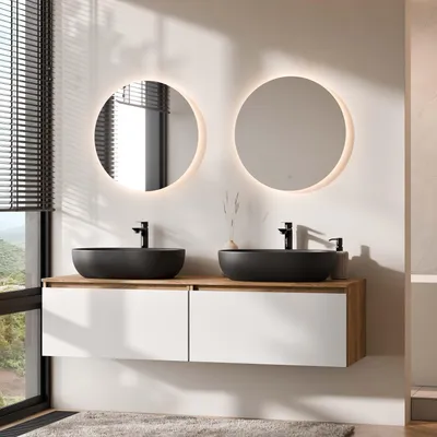 Produktbild von Planetmöbel ARISA Doppelwaschtisch 160 cm in Weiß mit 2 LED Spiegel NOVA 60 cm und 2 schwarzen Keramik-Aufsatzwaschbecken 60 cm
