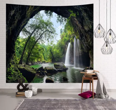 Image de Tapisserie avec paysage naturel, forêt, plage, lac, arbres, nuages de pierre, tapisserie, vue esthétique, tapisserie pour chambre, salon (230 cm x 180 cm,couleur 16)
