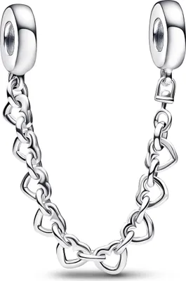 A sterling silver safety chain with heart-shaped links, designed to attach to a bracelet.
