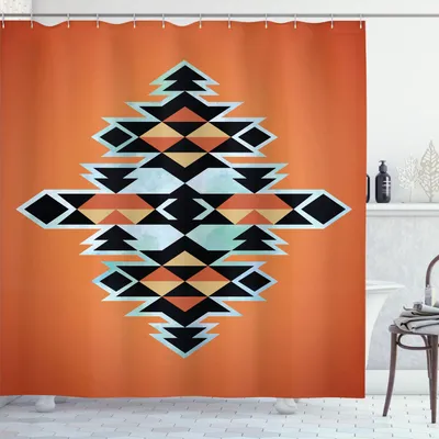 Produktbild von ABAKUHAUS Stammes Duschvorhang, Stammes-Azteken-Muster-ethnischer abstrakter Entwurfs-traditioneller Element-Druck, 175 x 220 cm, Orange Schwarz Blassblau