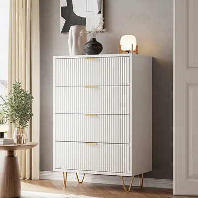 Produktbild von Fortuna Lai Kommode mit Schublanden, 60 x 34 x 91 cm,Schrank mit 4 Schubladen, Schmal Kommode, Aufbewahrungskommode, Schrank für Wohnzimmer, Schlafzimmer, Flur(Weiß)