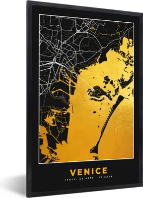 Produktbild von MuchoWow® Gerahmtes Poster Karte - Venedig - Gold - Karte der Stadt 20x30 cm - Poster mit Schwarzem Bilderrahmen Wandposter Rahmen Foto Bilder - Drucken - Bilder Poster im Rahmen