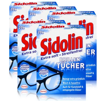 Produktbild von Sidolin Brillen Putztücher 20 Tücher - Extra Soft & Streifenfrei (5er Pack)