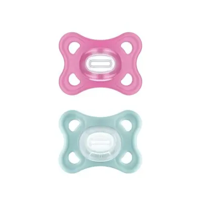 Produktbild von MAM Comfort Schnuller im 2er-Set, extra weicher und leichter Schnuller für kleine Babys, kieferorthopädische Schnuller aus 100% MAM SkinSoft Silikon mit Sterilisationsbox, 2-6 Monate, rosa/wassergrün
