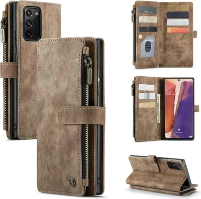 Immagine prodotto di Galaxy Note 20 custodia del telefono cellulare, chiusura a cerniera copertina in Finto cuoio flip cover chiusura magnetica porta carte funzione stand portafoglio custodia protettiva per Samsung Galaxy Note 20 marrone