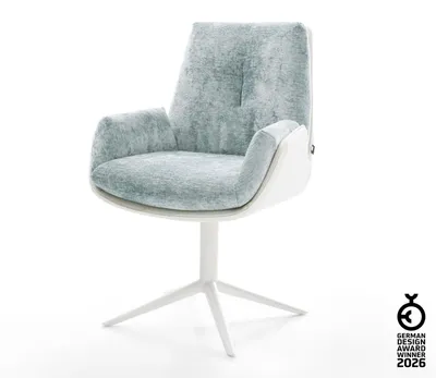 Produktbild von DELIFE Drehstuhl Clea-Flex Materialmix Echtleder Weiß-Pastellblau Fußkreuz Weiß 360° drehbar Wippfunktion
