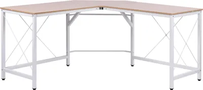 A corner desk with a light wood top and white metal legs, shown against a white background.