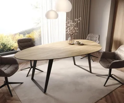 Produktbild von DELIFE Esstisch Edge Oval 220x120 cm Keramik Laminam® Sabbia Eichefarbig Metall Schräg Schwarz