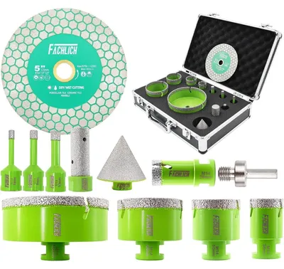 Produktbild von Diamant Fliesenbohrer Set 12-teilig 6-110mm Lochsäge für Fliesen, Porzellan, Keramik, Marmor, Granit inkl. Trennscheibe