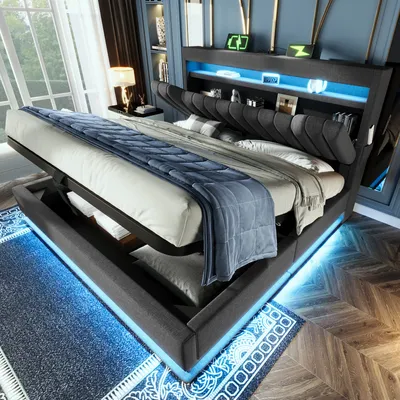 Produktbild von Flieks Polsterbett 180x200cm mit Ladefunktion (USB & Type-C), Doppelbett Jugendbett mit Led, Stauraumbett Boxspringbett mit Stauraum, Leinen, Grau