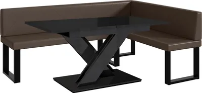 Produktbild von MEBLINI Eckbank für Esszimmer mit ausziehbarem Tisch - Küchenbank - Essecke - Sitzecke Küche - ERIC - U-Beine 142x196x87cm Rechts - Braun Kunstleder/B Schwarz Hochgl.