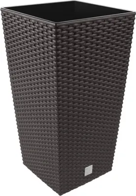 A tall, square, dark brown planter with a woven texture.