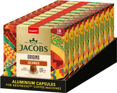A display box of Jacobs Origins Colombia coffee capsules.