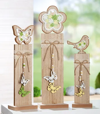 Produktbild von Gilde Standrelief, Blumenmotiv, Schmetterlingmotiv, Vogelmotiv, MDF, naturfarben, L. 9 cm, B. 15 cm, H. 49 cm 52510 4063387525104 3 Stück (3-fach sortiert)