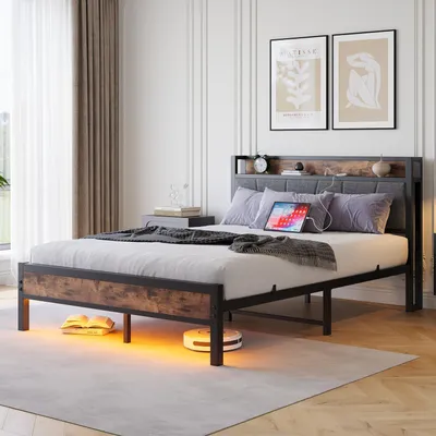 Produktbild von okwish Klassische Betten 120x200cm Doppelbett mit USB,Bettgestell mit Aufbewahrungskopfplatte,Metallbett Plattformbett mit LED-Lichtern und Metallrahmen,Antikbraun (ohne Matratze)