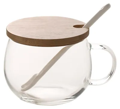 Produktbild von Glasbecher mit Henkel, Bambusdeckel und Löffel, 350 ml, Borosilikatglas