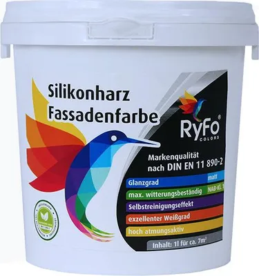 Produktbild von RyFo Colors Silikonharz Fassadenfarbe Lotuseffekt Trend Weißtöne Signalweiß 1l - bunte Fassadenfarbe, weitere Weiß Farbtöne und Größen erhältlich, Deckkraft Klasse 1