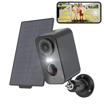 A security camera with a solar panel and a smartphone displaying a live feed.