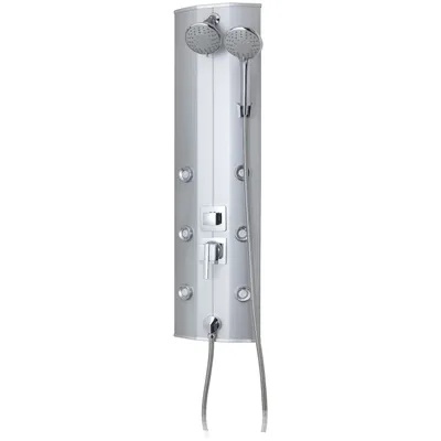 A silver shower panel with multiple shower heads and body jets.