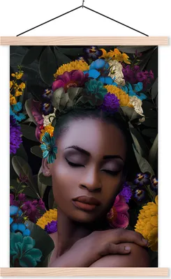 Produktbild von MuchoWow® Textilposter Blätter - Frau - Blumen 120x180 cm mit holzfarbenen Rahmen - Textil-Plakat