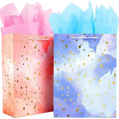 Immagine prodotto di Sacchetti regalo grandi, con carta velina, confezione da 4 pezzi, blu e rosa con decorazioni dorate