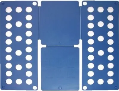 A blue folding board for laundry is laid out flat on a white background.