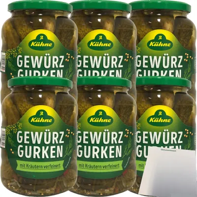 Produktbild von Kühne Gewürzgurken Auslese mit Kräutern verfeinert 6er Pack (6x360g Glas) + usy Block