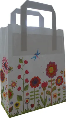 Produktbild von Papiertragetasche mit Flachhenkel weiß "BLUMENWIESE", 80 g/qm, 18 + 8 x 22 cm, 250 Stück