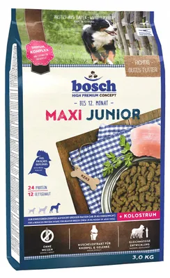 Image de bosch Petfood Maxi Junior - Chiot - Volaille - Riz - 3 kg - Maxi (26 - 44kg) - Vitamine A - Vitamine B1 - Vitamine B12 - Vitamine B2 - Vitamine B3 - Vitamine B5 - Vitamine B6 - Vitamine B9... - Soins digestifs - Santé générale - Hanches et gels