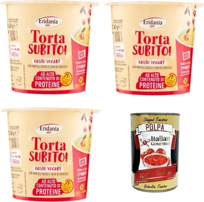 Produktbild von Eridania Torta Subito! Gusto Yogurt Joghurtgeschmack mit Preiselbeeren und Sonnenblumenkernen 3x60 g+ Italian Gourmet polpa 400gr