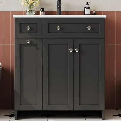 Produktbild von MODFU Badezimmerschrank mit Keramikbecken,76,5 x 47 x 87cm,Freistehende Waschtisch,Badkommode mit 8 Schubladen und Doppeltürschrank,Schwarz