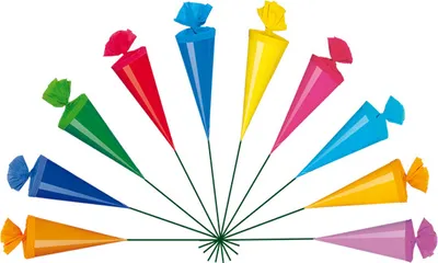Produktbild von 10 Deko Schultüten / Länge: 12cm / 10 verschiedene Farben / mit Drahtstiel