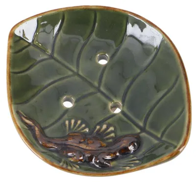 Produktbild von Exotische Keramik Seifenschale - Lotusblatt mit Gecko, Grün, 2*10*8 cm, Seifenschalen