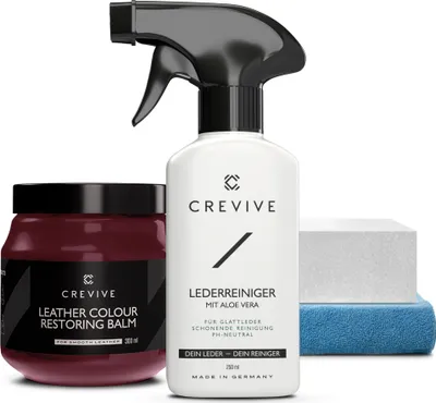 Produktbild von CREVIVE Lederreiniger 250 ml & Leder Reparatur Set Kirschrot 300 ml - Lederpflege Auto - Lederreparatur Sofa - Autositz Reparatur