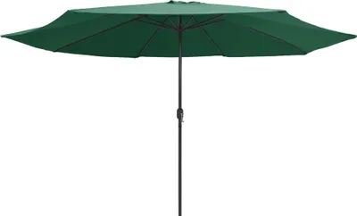 A green patio umbrella is shown against a white background.