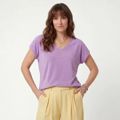 Produktbild von T-Shirt Damen Feinstrick Shirt Nahtlos Kurzarm Oberteil 36 38 40 V-Ausschnitt