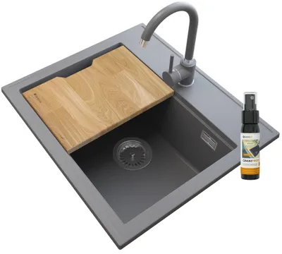 Immagine prodotto di Granitan - Lavello in granito - Lavandino 56,5x50,5 cm - Lavello grigio - con miscelatore - FOXAL