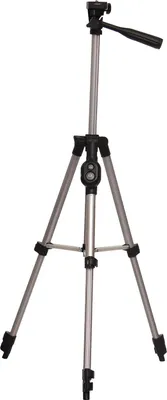 A silver and black tripod is shown against a white background.