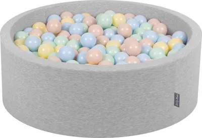 Zdjęcie produktu dla KiddyMoon suchy basen okrągły z piłeczkami 7cm jasnoszary: pastelowy beż-pastelowy niebieski-pastelowy żółty-mięta 90x30cm/300piłek zabawka basen piankowy
