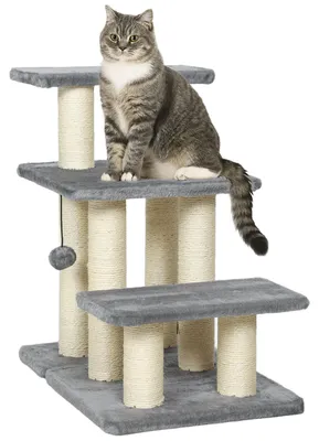 Produktbild von Hundetreppe 3 Stufen 54 cm Hoch Haustiertreppe für Kleine Hunde Katzentreppe mit Sisal Kratzbäumen, Spielball
