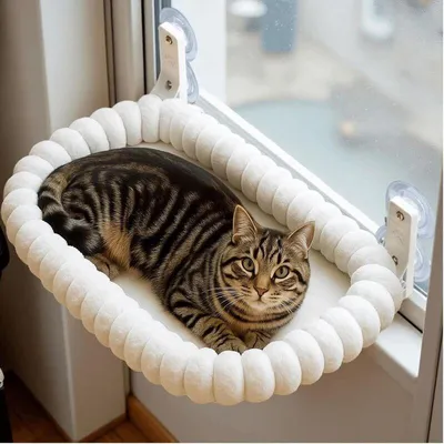 Produktbild von Katzen-Fensterhängematte mit 4 Saugnäpfen, faltbares und wendbares Plüschbett, stabiler Stahlrahmen, leicht zerlegbar, belastbar bis 18 kg, Größe M (52 x 30 cm), Weiß